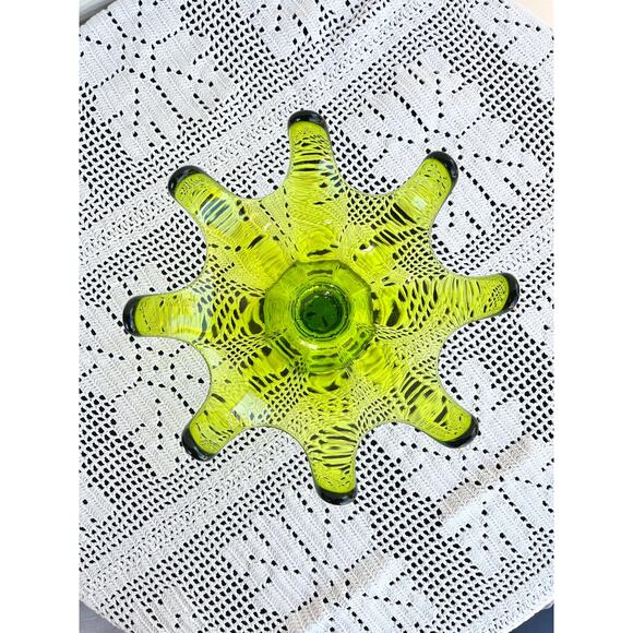 Vintage Viking Green Glass Pedestal Bowl: MCM 8 Petal Dish - Picture 3 of 4